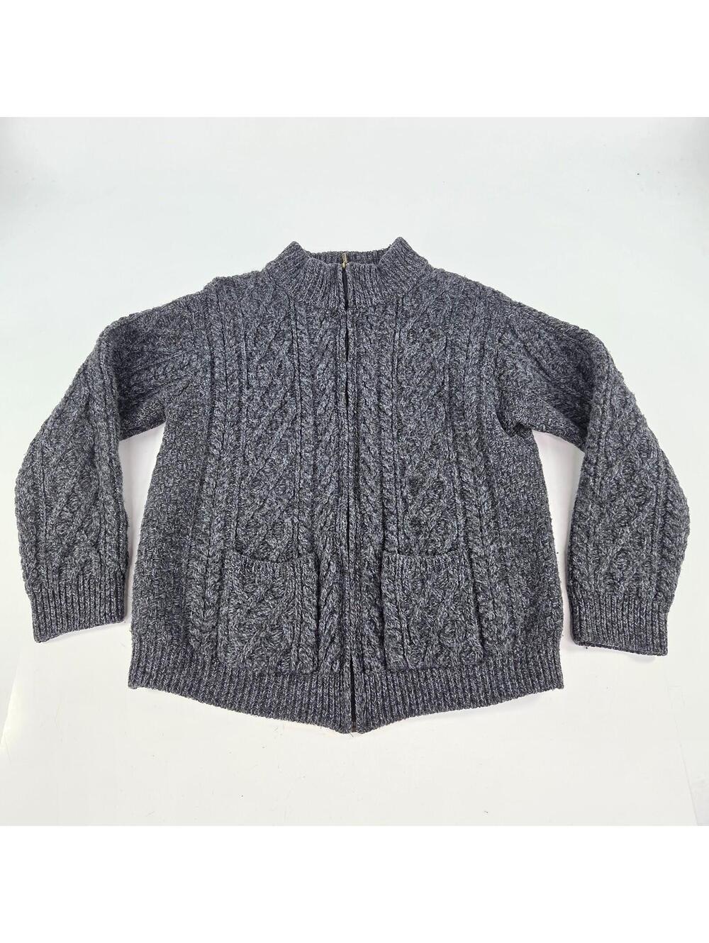 Aran Crafts Cardigan Siz M Charcoal Gray Merino Wool Ireland Cable Knit Full Zip
